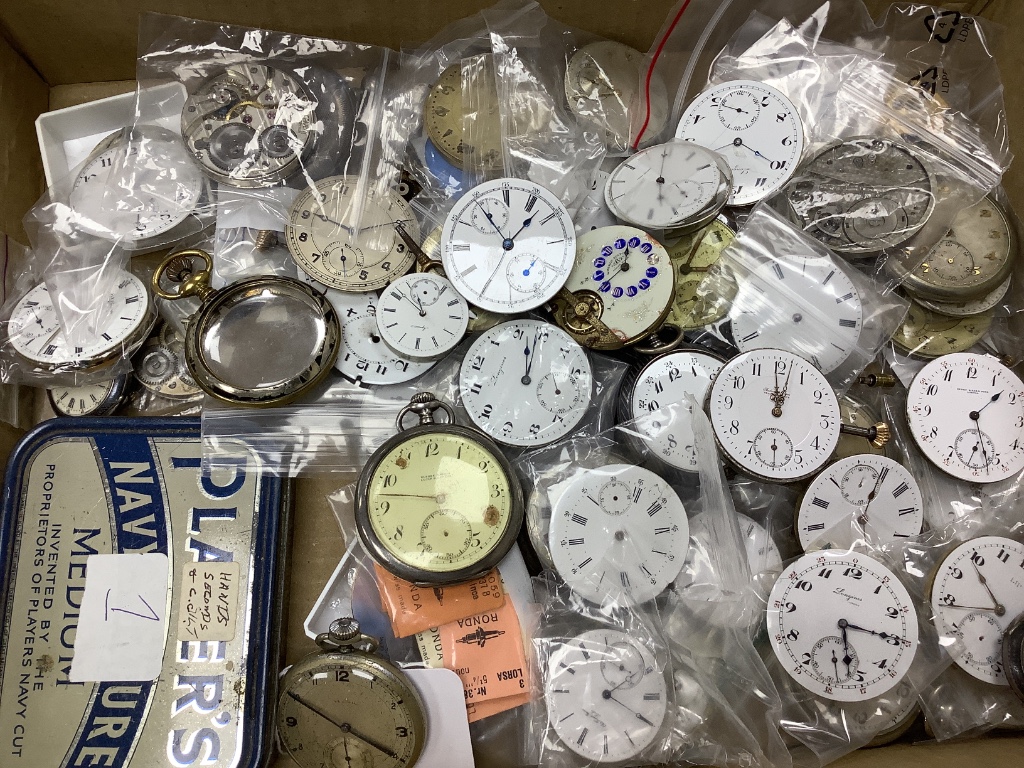 A collection of assorted pocket watch movements and parts including Longines, Audemars Freres and other pocket watches.